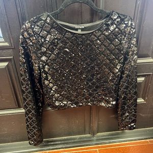 Express Sequin Crop Top Size S Long Sleeve Back Zip Diamond Pattern Top